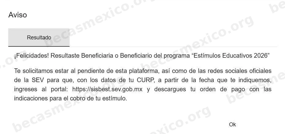 Aviso del portal de la SEV que indica que resultaste beneficiaria o beneficiario de los Estímulos Educativos 2026