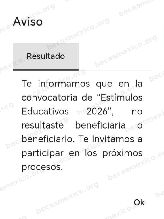 Aviso del portal de la SEV que indica que no resultaste beneficiaria o beneficiario de los Estímulos Educativos 2026